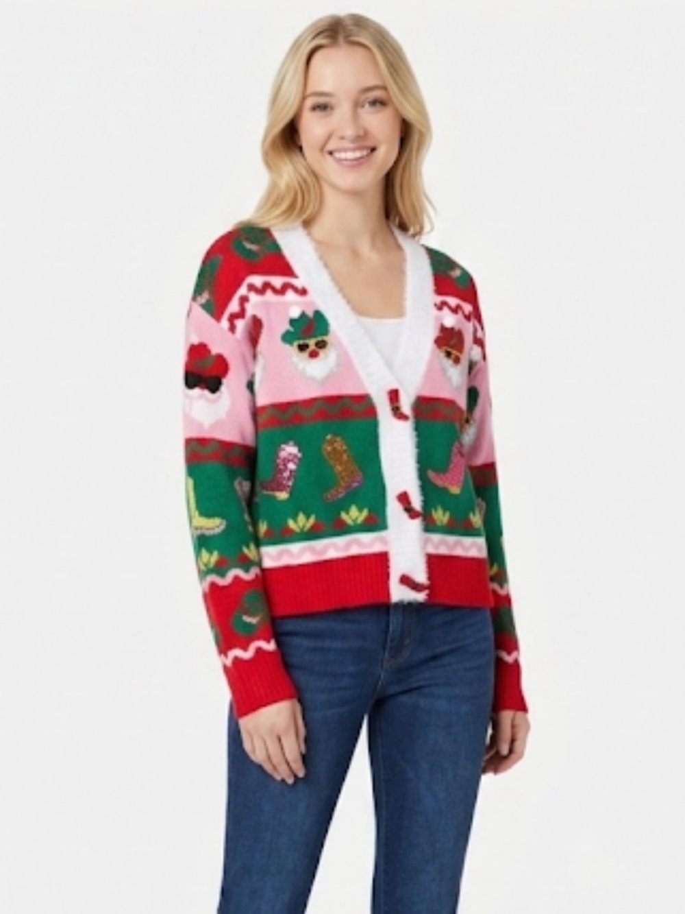 Holiday time red Christmas cardigan sweater cowboy boots country western cowgirl